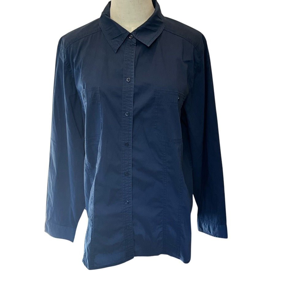 Chicos Size‎ 2 Navy Blue Button Down Long Sleeve Top Shirt Womens
